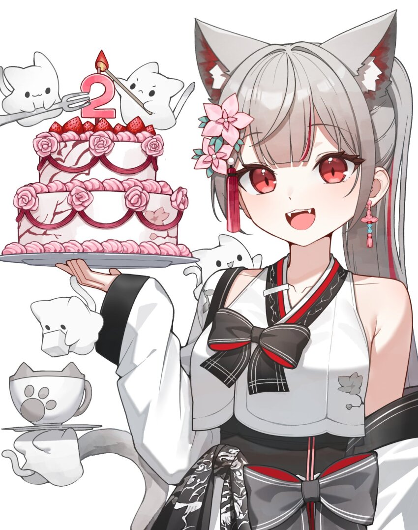 1girl animal_ears bare_shoulders black_bow bow cake cat_ears cat_tail crop_top crop_top_overhang earrings ekta extra_ears fangs flower food grey_hair hair_flower hair_ornament highres jewelry long_hair looking_at_viewer multicolored_hair neneko_mashiro obi off_shoulder open_mouth ponytail red_eyes sash shirt sleeveless sleeveless_shirt smile solo stellive streaked_hair tail upper_body virtual_youtuber white_shirt