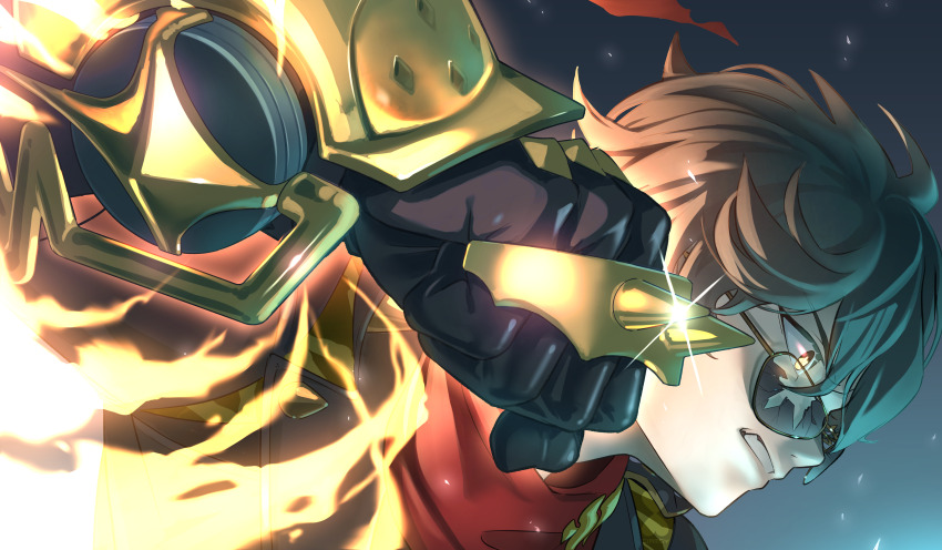 1boy absurdres black_hair broken_eyewear clenched_teeth highres lighter_(zenless_zone_zero) mabayu male_focus punching red_scarf scarf short_hair studded_gloves sunglasses teeth upper_body zenless_zone_zero
