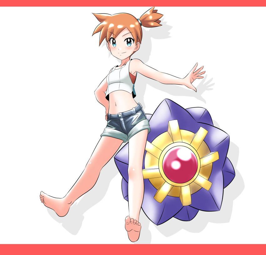 1girl barefoot blue_eyes blue_shorts breasts brown_hair crop_top feet full_body gen_1_pokemon gym_leader hair_between_eyes hand_on_own_hip highres midriff misty_(pokemon) navel nintendo one_side_up outstretched_arm pokemon pokemon_(creature) pokemon_lgpe shadow short_hair short_shorts shorts sleeveless small_breasts soles starmie stomach takaya_n third-party_edit toes white_background