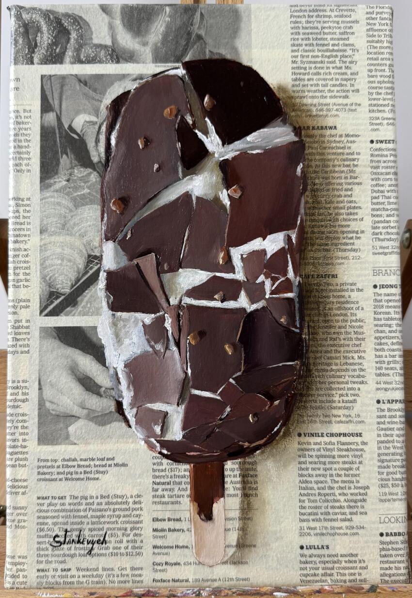 absurdres chocolate-covered_food commentary easel english_commentary food food_focus highres ice_cream juliastankevych newspaper no_humans oil_painting_(medium) original painting_(medium) photo_(medium) signature still_life traditional_media wall_of_text