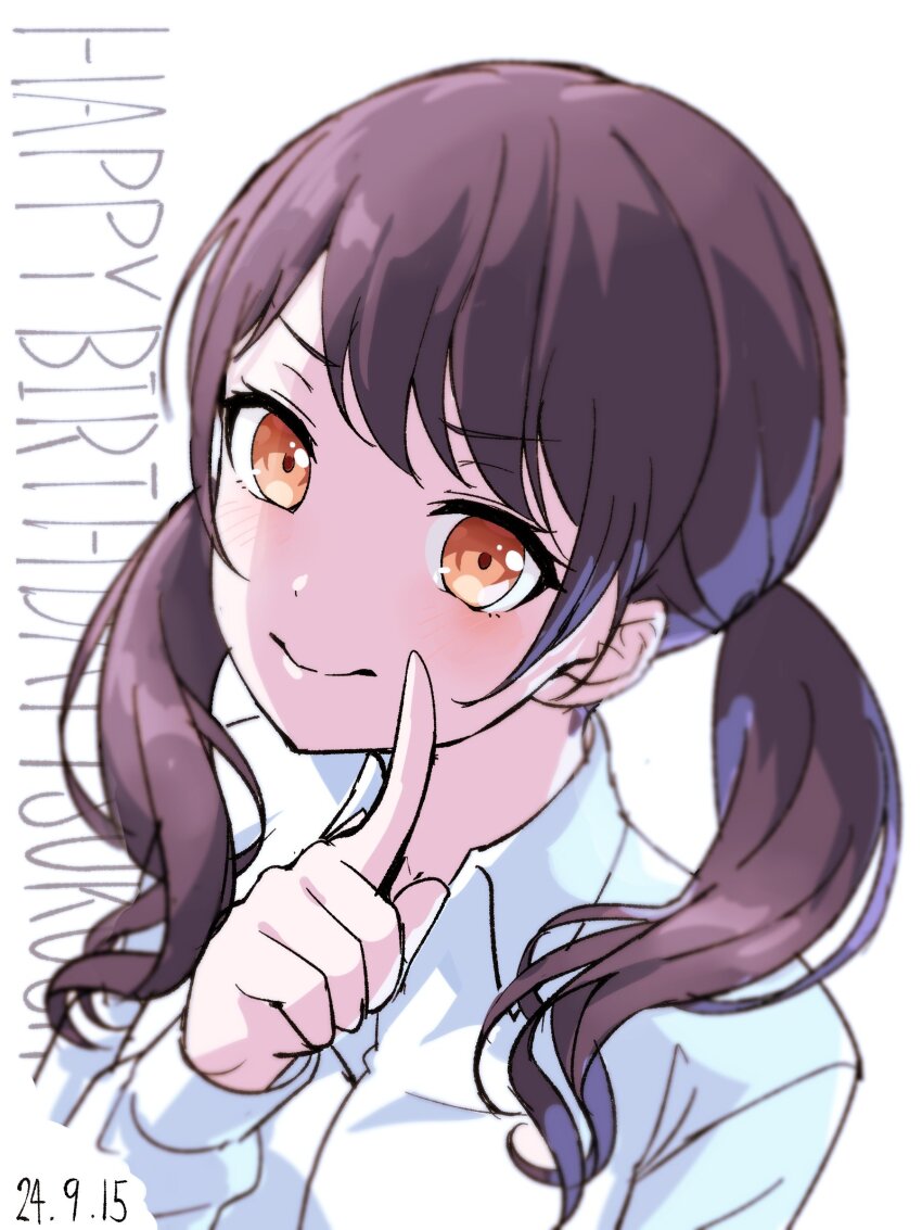 1girl absurdres bang_dream! black_hair dated futaba_tsukushi happy_birthday highres long_hair looking_at_viewer nobusawa_osamu simple_background smile solo twintails upper_body white_background
