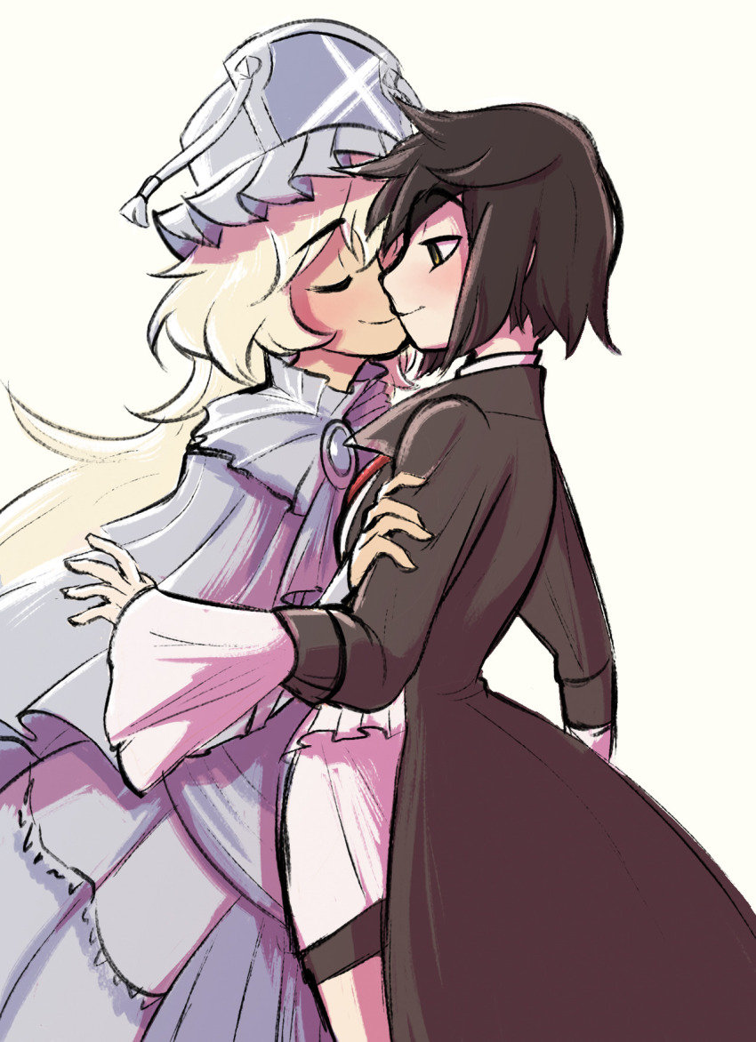 2girls highres kiss kure_kirika long_hair mahou_shoujo_madoka_magica mahou_shoujo_oriko_magica mikuni_oriko multiple_girls sabi_(sabimakii) very_long_hair white_background yuri