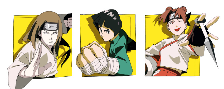 1girl 2boys ;p absurdres bandaged_arm bandages black_eyes black_gloves black_hair bodysuit bowl_cut brown_eyes brown_hair clenched_hand closed_mouth double_bun fingerless_gloves forehead_protector gloves green_bodysuit hair_bun highres holding holding_kunai holding_scroll holding_weapon hyuuga_neji konohagakure_symbol kunai long_hair long_sleeves looking_at_viewer looking_to_the_side low-tied_long_hair midriff_peek multiple_boys naruto_(series) naruto_shippuuden one_eye_closed open_mouth pnpk_1013 rock_lee scroll shirt short_hair tenten_(naruto) thick_eyebrows tongue tongue_out v-shaped_eyebrows weapon white_eyes white_shirt wide_sleeves