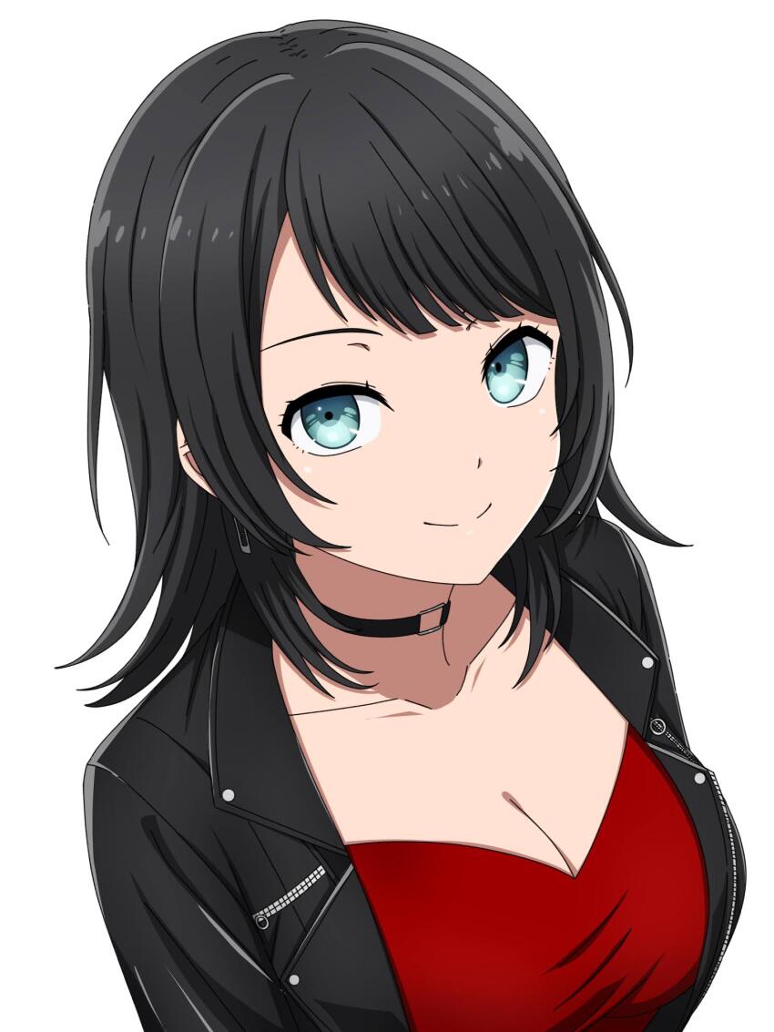 1girl bang_dream! bang_dream!_it&#039;s_mygo!!!!! black_choker black_hair black_jacket blue_eyes breasts choker cleavage closed_mouth collarbone commentary highres jacket large_breasts looking_at_viewer medium_hair noshimurin o-ring o-ring_choker open_clothes open_jacket red_shirt shirt sidelocks simple_background solo upper_body white_background yahata_umiri