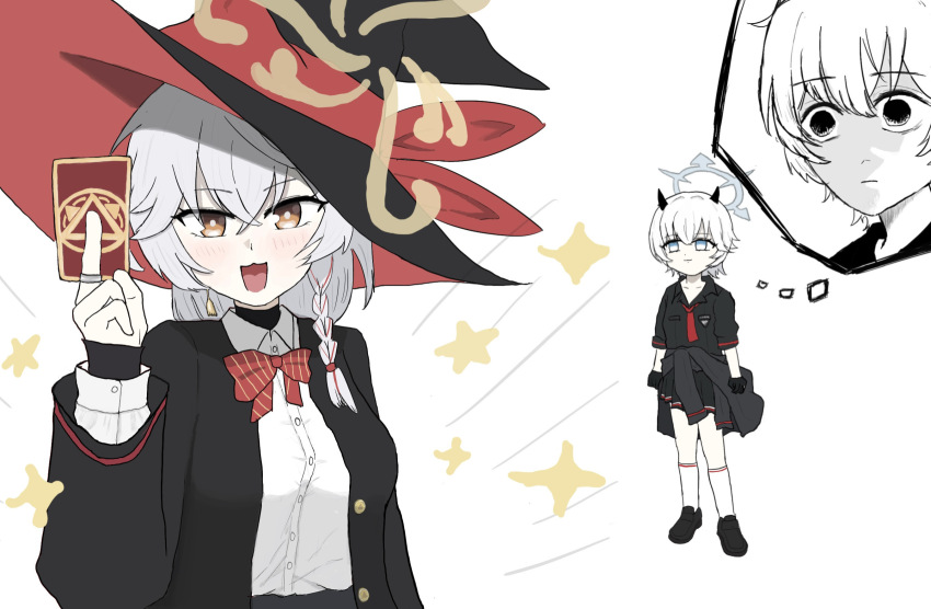 2girls :3 ankle_socks blank_stare blue_archive blue_eyes bow bowtie braid card clothes_around_waist eri_(blue_archive) erika_(blue_archive) gloves halo hat highres holding holding_card horns jacket jacket_around_waist long_coat long_hair multiple_girls orange_eyes school_uniform shirt shoes short_hair skirt socks sparkle speech_bubble sweater thought_bubble white_hair witch_hat