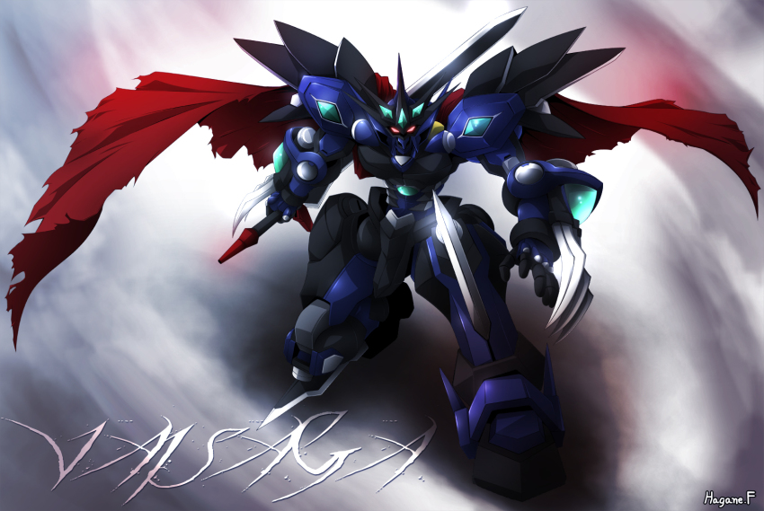 banpresto cape claws glowing glowing_eyes haganef highres knight mecha no_humans robot super_robot_wars super_robot_wars_advance super_robot_wars_original_generation sword vaisaga vysaga weapon