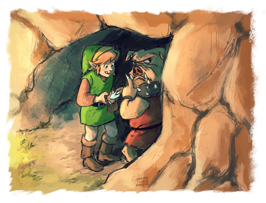2boys absurdres bag black_eyes border brown_bag brown_footwear brown_hair cave commentary dated english_commentary finger_to_mouth from_above full_body green_headwear highres holding holding_bag licking_lips link moblin multiple_boys nintendo outdoors pants pointy_ears red_tunic rupee_(zelda) short_hair shoulder_spikes shushing signature spikes standing the_legend_of_zelda the_legend_of_zelda_(nes) tongue tongue_out tunic white_border white_pants yasmeen