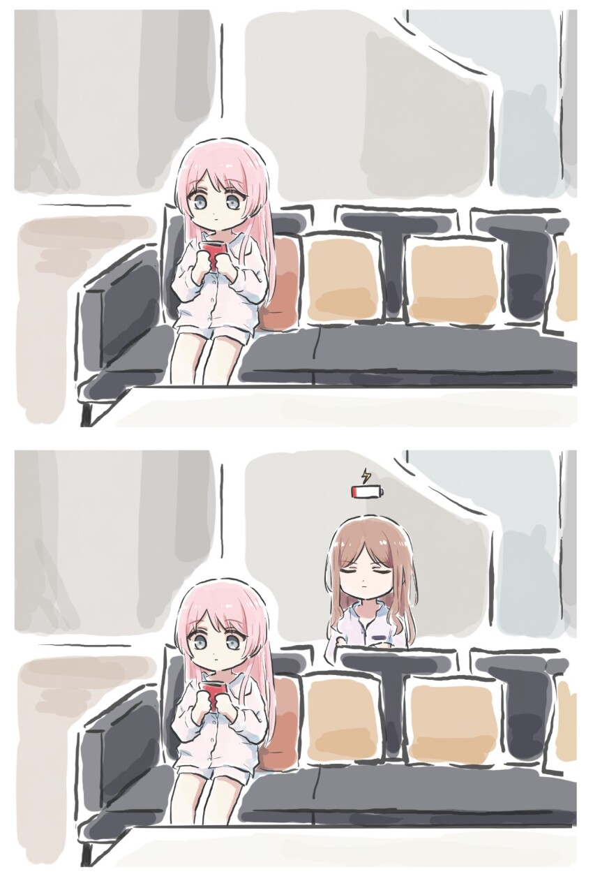 2girls bang_dream! bang_dream!_it&#039;s_mygo!!!!! brown_hair cellphone chihaya_anon closed_eyes closed_mouth commentary couch grey_eyes highres holding holding_phone long_hair looking_at_another low_battery_notification lyy multiple_girls nagasaki_soyo pajamas phone pink_hair shirt shorts smartphone symbol-only_commentary white_shirt white_shorts