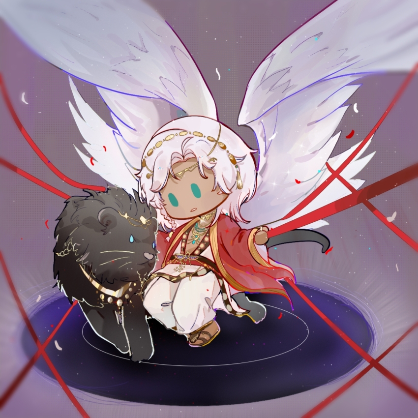 1boy aqua_eyes baiguigelierwan black_sash chibi chibi_only coat curtained_hair dark-skinned_male dark_skin feathered_wings full_body gold_necklace grey_background head_chain highres holding holding_ribbon jewelry lars_rorschach lion long_hair looking_at_animal lovebrush_chronicles male_focus necklace nil_lars open_clothes open_coat pants parted_bangs parted_lips red_coat red_ribbon ribbon sandals sash solid_oval_eyes solo tunic white_hair white_pants white_tunic white_wings wide_sleeves wings