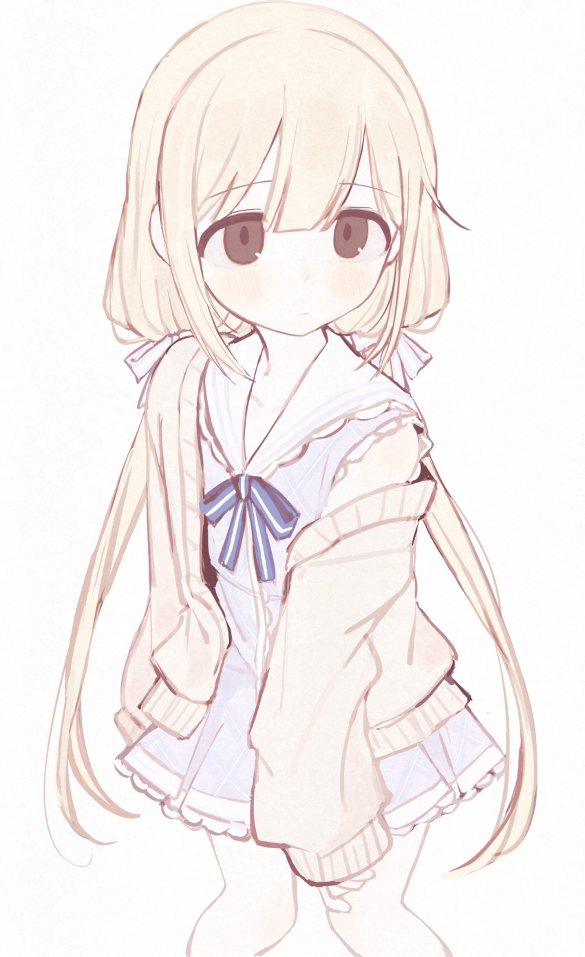 1girl blonde_hair blue_dress cardigan commentary_request dress futaba_anzu hair_ribbon highres idolmaster idolmaster_cinderella_girls long_hair looking_at_viewer ribbon sailor_collar simple_background solo tsuchi_(sh_spica1) twintails very_long_hair white_background white_ribbon white_sailor_collar yellow_cardigan