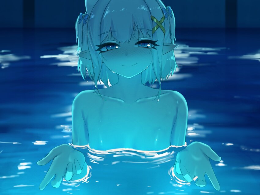 1girl beckoning blue_eyes bow cgator collarbone commentary english_commentary hair_bow highres i&#039;ll_teach_you_everything_(chainsaw_man) indie_virtual_youtuber light_reflection_(water) looking_at_viewer medium_hair mint_fantome nude partially_submerged pointy_ears pool scene_reference skinny_dipping smile solo two_side_up virtual_youtuber water wet wet_hair