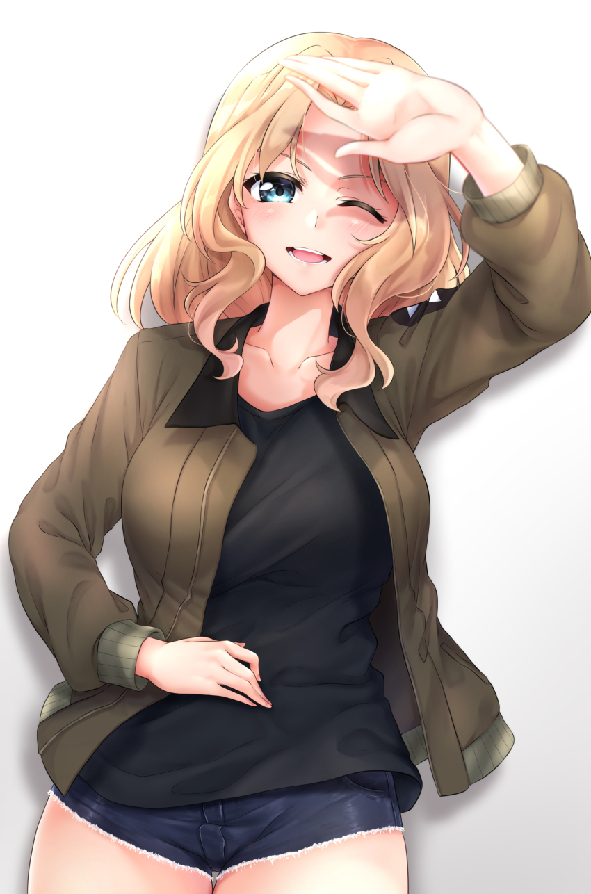 1girl absurdres black_tank_top blonde_hair blue_eyes blush breasts cowboy_shot denim denim_shorts emblem girls_und_panzer gradient_background hair_intakes hand_on_own_hip highres jacket kay_(girls_und_panzer) large_breasts long_hair looking_at_viewer mini_dang01 one_eye_closed saunders_(emblem) saunders_military_uniform shaded_face shading_eyes shorts smile solo tank_top thighs white_background wihted
