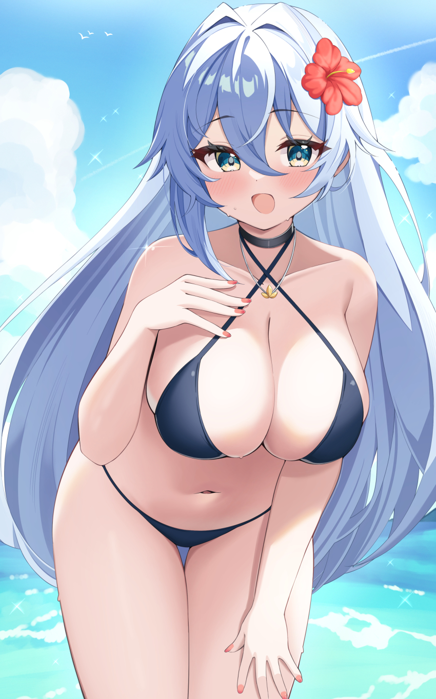 1girl :d absurdres asymmetrical_sidelocks bare_arms bare_shoulders bikini black_bikini black_choker blue_hair blue_sky blush breasts choker cleavage cloud collarbone commission cowboy_shot criss-cross_halter day elegant_(sumisumi4268) eyelashes flipped_hair flower grey_hair hair_between_eyes hair_flower hair_intakes hair_ornament halterneck hand_on_own_chest hand_on_own_leg hand_up highres large_breasts leaning_forward long_hair looking_at_viewer multicolored_eyes nail_polish navel open_mouth original red_flower red_nails skeb_commission sky smile solo sparkle standing sweat swimsuit thigh_gap very_long_hair water