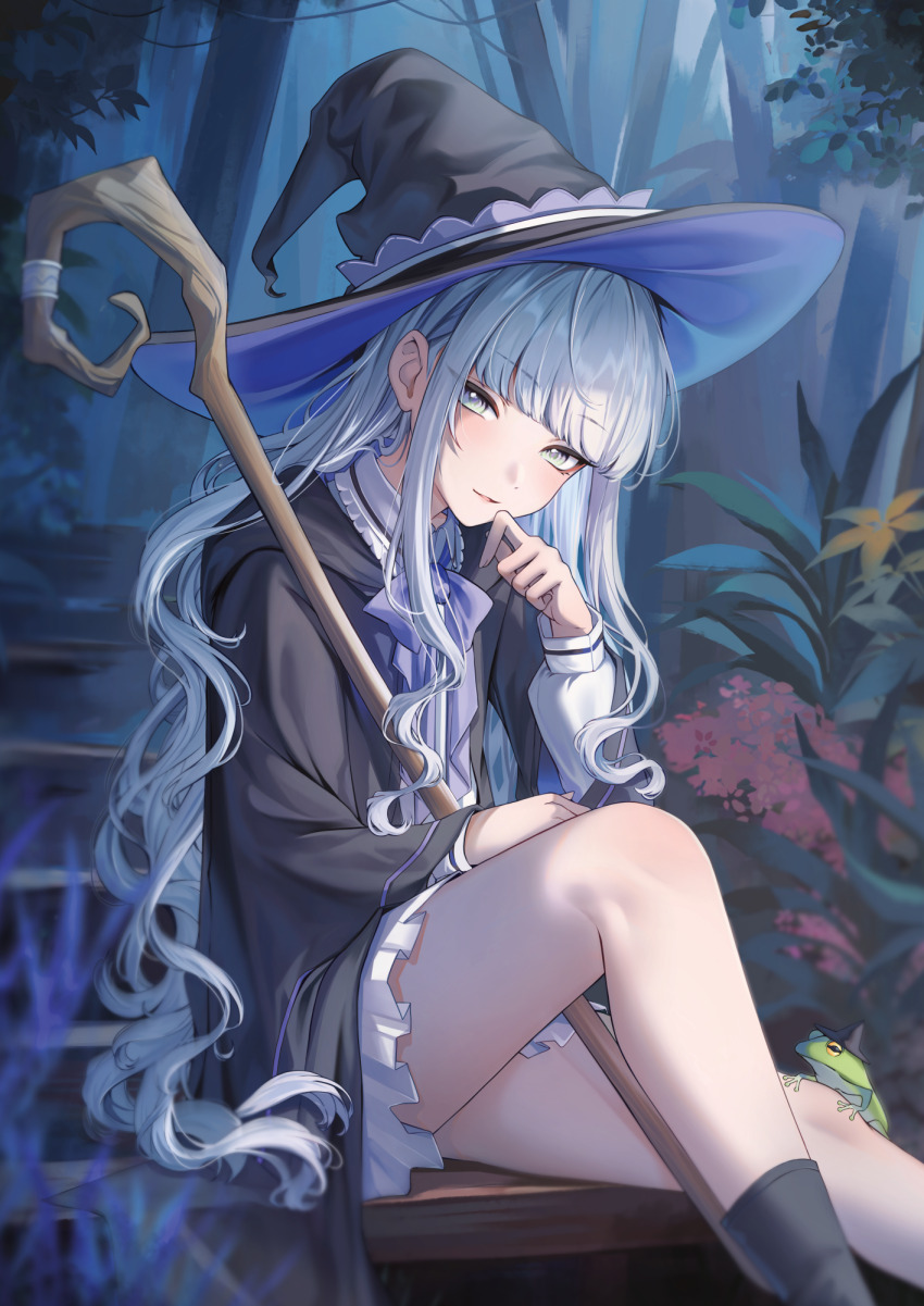 1girl carrot_(robosquat) frog from_side hat highres holding holding_staff leg_up long_hair looking_at_viewer looking_to_the_side original outdoors parted_lips pleated_skirt sitting skirt staff stairs thighs very_long_hair wavy_hair white_eyes white_hair witch witch_hat
