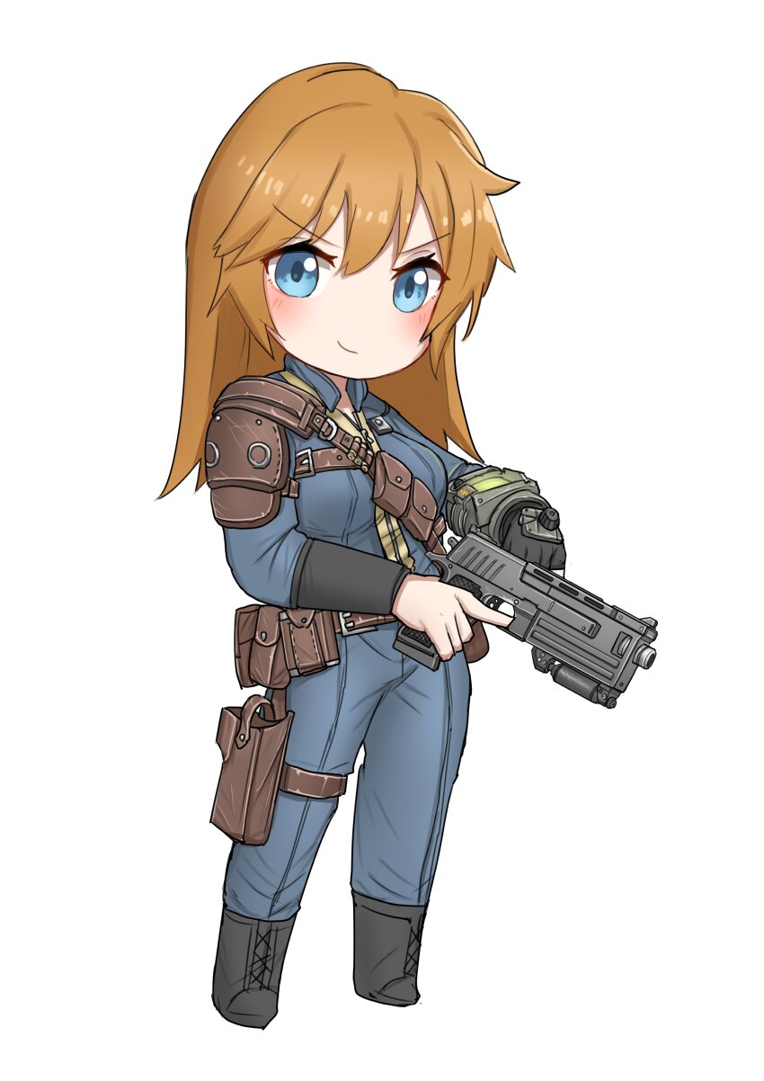 1girl absurdres ammunition_pouch armor blue_bodysuit blue_eyes blue_jumpsuit blush bodysuit boots brown_hair chibi collar fallout fallout_3 gloves gun handgun highres jumpsuit leather_armor looking_at_viewer pauldrons pip_boy pouch shoulder_armor single_glove single_pauldron smile solo srtdrawart trigger_discipline weapon wrist_computer
