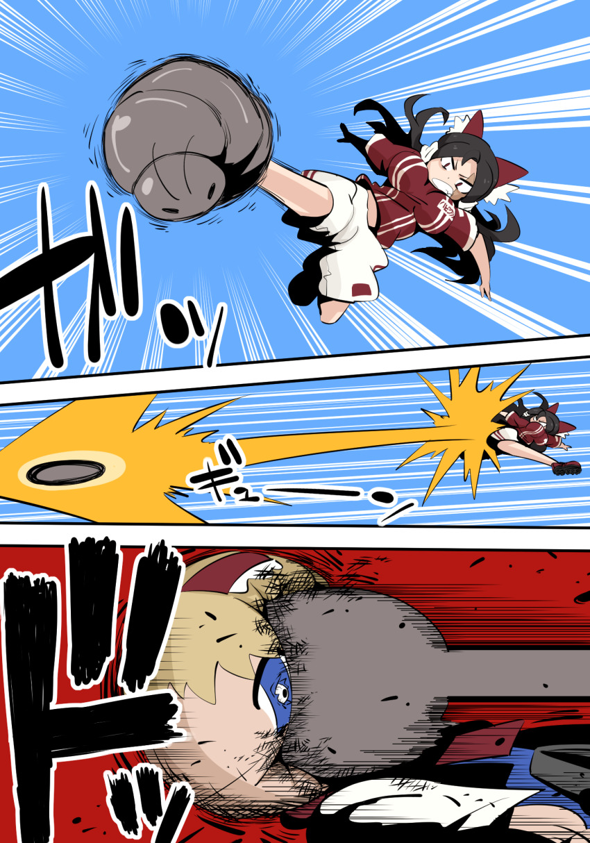 2girls alice_margatroid alternate_costume big_roach_(cookie) black_hair blonde_hair blue_eyes breasts bug cockroach commentary_request cookie_(touhou) emphasis_lines full_body gram_9 hakurei_reimu highres in_the_face insect kicking large_breasts lemi_(cookie) long_hair multiple_girls red_eyes red_shirt shirt short_sleeves shorts soccer soccer_uniform sportswear touhou white_shorts yuki_haruka