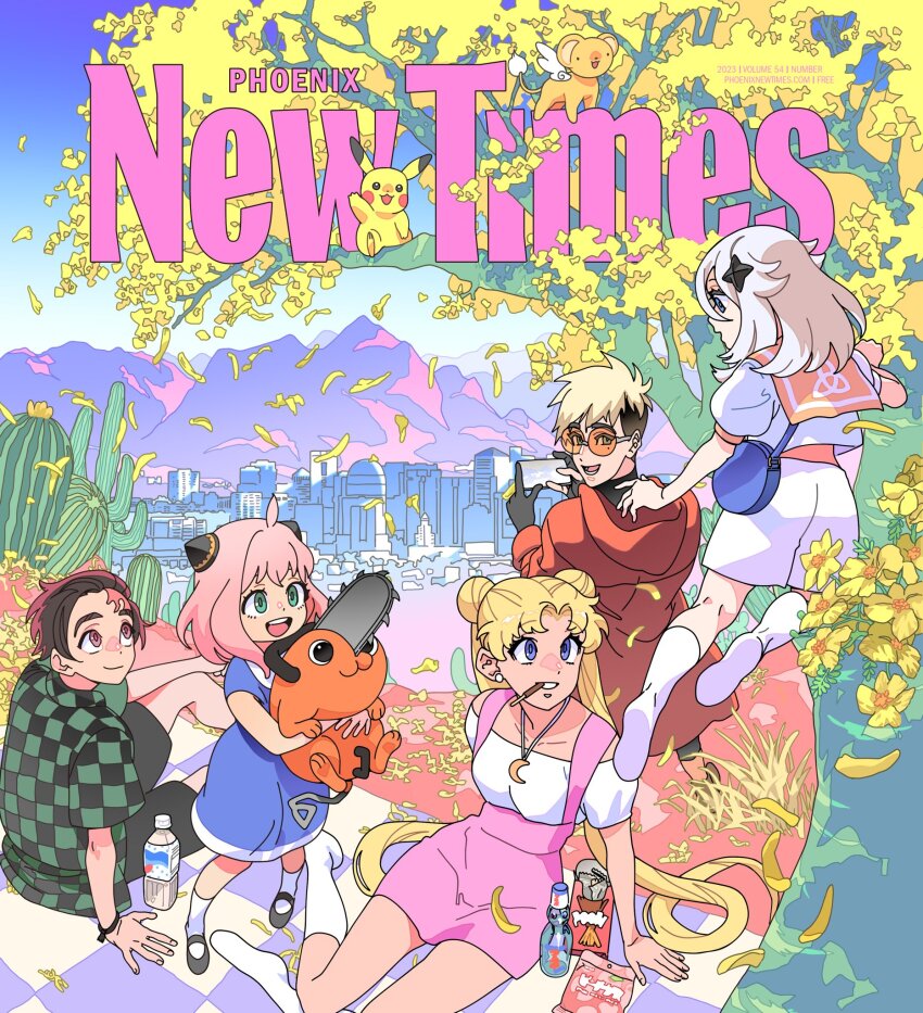 2boys 3girls ahoge alternate_costume anya_(spy_x_family) arizona_(state) bishoujo_senshi_sailor_moon black-framed_eyewear black_gloves blonde_hair bloodypepper blue_dress blue_eyes blush boots brown_hair cactus calpis cardcaptor_sakura cellphone chainsaw chainsaw_man checkered_clothes checkered_shirt city coat commentary cover crescent crescent_necklace crossover dated day double_bun dress english_commentary falling_petals flower food full_body gen_1_pokemon genshin_impact glasses gloves grass green_eyes green_shirt hair_bun hairpods highres holding holding_phone jewelry kamado_tanjirou kero_(cardcaptor_sakura) kimetsu_no_yaiba long_hair looking_afar looking_at_another looking_at_viewer looking_back magazine_cover medium_hair mountainous_horizon multiple_boys multiple_crossover multiple_girls necklace nintendo off-shoulder_shirt off_shoulder open_mouth orange-tinted_eyewear outdoors paimon_(genshin_impact) palo_verde parted_bangs partially_fingerless_gloves petals phoenix_(arizona) phone picnic pikachu pink_eyes pink_skirt pochita_(chainsaw_man) pocky pokemon promotional_art puffy_short_sleeves puffy_sleeves ramune red_coat red_hair round_eyewear shirt short_bangs short_hair short_sleeves shorts sitting skirt smartphone smile spy_x_family standing sunglasses suspender_skirt suspenders taking_picture tinted_eyewear tree trigun trigun_stampede tsukino_usagi undercut vash_the_stampede very_long_hair watermark web_address white_footwear white_hair white_shirt white_shorts yellow_flower