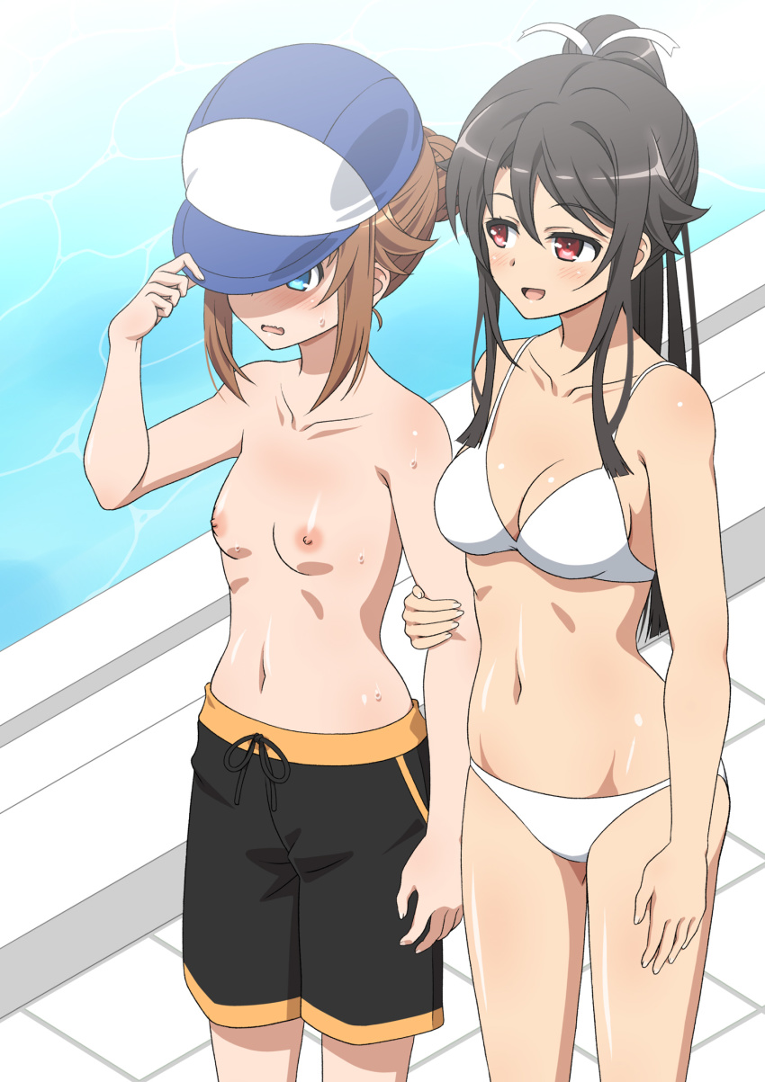 2girls bikini black_hair black_male_swimwear black_swim_trunks blue_eyes breasts brown_hair cleavage cowboy_shot day female_focus hat high_school_fleet highres long_hair male_swimwear male_swimwear_challenge misaki_akeno multiple_girls munetani_mashiro nipples outdoors ponytail pool red_eyes shiny_skin short_hair small_breasts source_request standing sweat swim_trunks swimsuit topless_female water white_bikini
