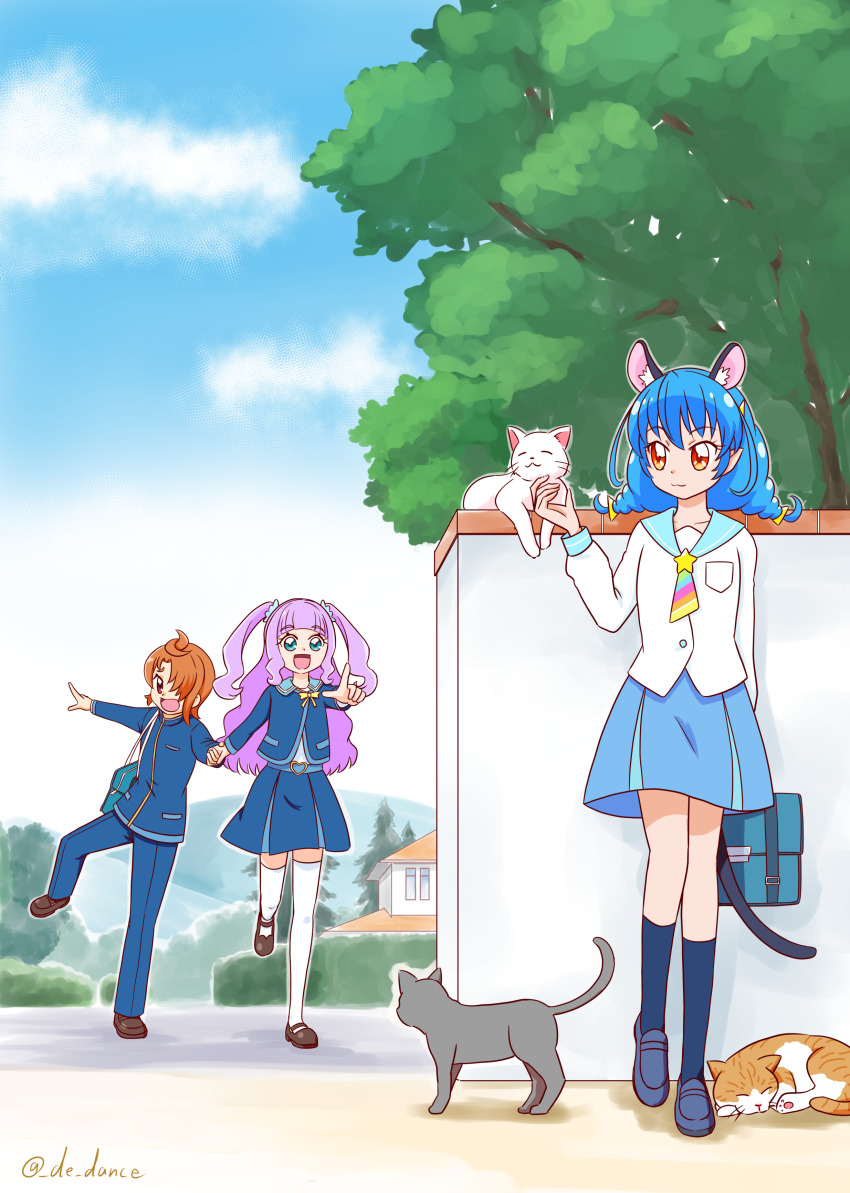 1boy 2girls absurdres animal_ears aqua_eyes bag black_shoes blouse blue_hair blue_jacket blue_pants blue_sailor_collar blue_shoes blue_skirt blue_sky blue_socks bow bowtie carrying cat cat_ears cat_girl cat_tail closed_mouth cloud cloudy_sky commentary_request commission day ellee-chan extra_ears frown heel_up highres hirogaru_sky!_precure holding holding_hands in-franchise_crossover jacket long_hair long_sleeves looking_at_another mary_janes medium_hair mihoshi_middle_school_uniform miniskirt multiple_girls open_mouth orange_eyes orange_hair outdoors pants partial_commentary pixiv_commission pleated_skirt pointing pointy_ears precure purple_hair sailor_collar school_bag school_uniform shirt shoes short_hair skirt sky smile socks sorashido_academy_school_uniform standing standing_on_one_leg star_twinkle_precure tail thighhighs tree twitter_username two_side_up user_nfsj3235 walking white_shirt white_thighhighs yellow_bow yellow_bowtie yuni_(precure) yuunagi_tsubasa