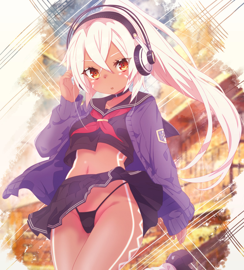 1girl arbiter1 azur_lane black_panties black_sailor_collar black_serafuku black_shirt black_skirt blush breasts cardigan commentary_request cowboy_shot crossed_bangs dark-skinned_female dark_skin expressionless facepaint hair_between_eyes hand_up headphones high_ponytail highres long_hair looking_at_viewer medium_breasts midriff miniskirt minneapolis_(azur_lane) minneapolis_(wild_huntress_schoolgirl)_(azur_lane) navel neckerchief official_alternate_costume open_mouth orange_eyes panties pleated_skirt ponytail purple_cardigan red_neckerchief sailor_collar school_uniform serafuku shirt skirt solo underwear very_long_hair white_hair wind wind_lift