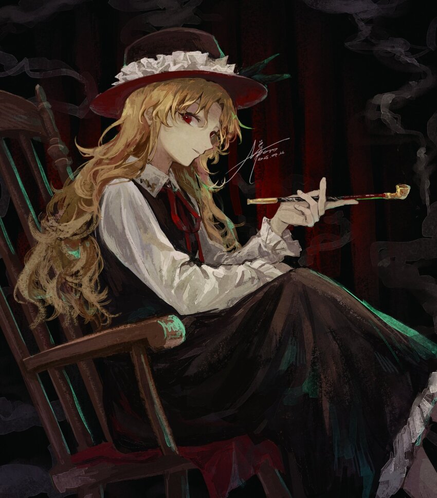 1girl artist_name black_dress black_hat blonde_hair chair collared_shirt day dolls_in_pseudo_paradise dress frilled_dress frilled_hat frilled_sleeves frills gensou_aporo hat highres holding holding_smoking_pipe jacket_girl_(dipp) long_dress long_hair long_sleeves looking_at_viewer neck_ribbon on_chair parted_lips red_eyes red_ribbon ribbon rocking_chair shirt signature sitting sleeveless sleeveless_dress smile smoke smoking_pipe solo touhou very_long_hair wavy_hair white_shirt wooden_chair