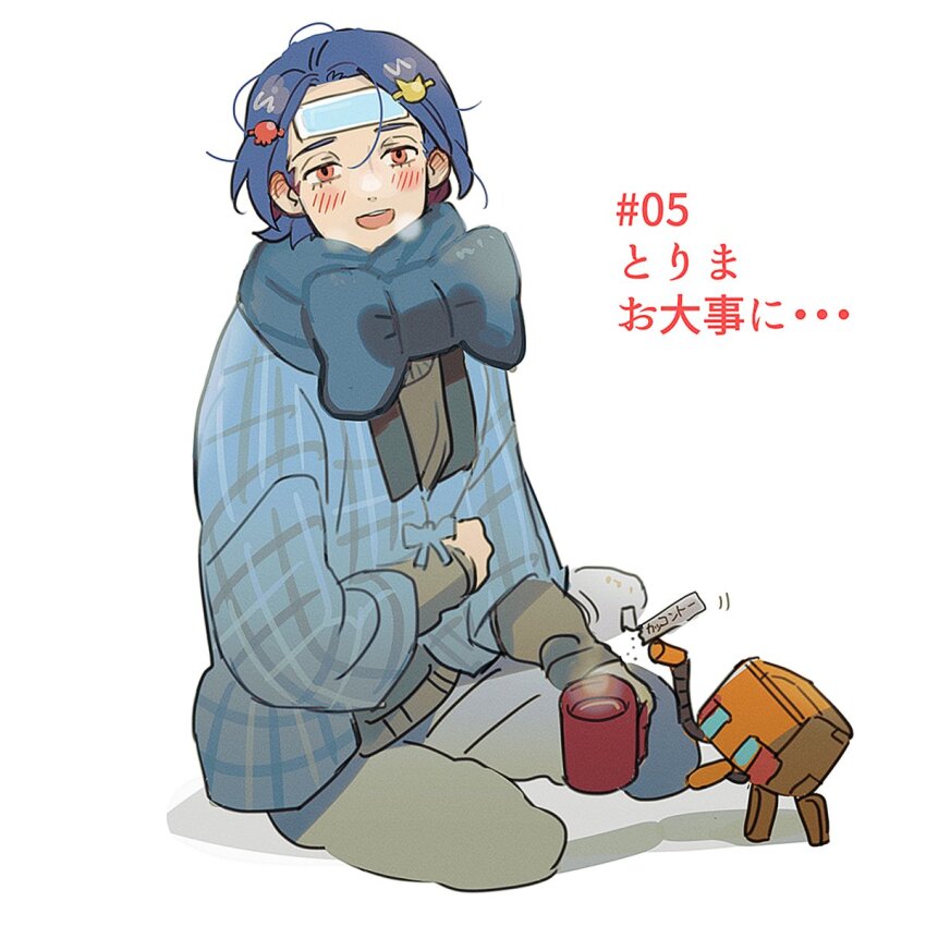 1boy bandaid bandaid_on_face bandaid_on_forehead blue_hair blush bow cardigan commentary_request cup episode_number full_body gundam gundam_gquuuuuux hair_ornament hairclip highres holding holding_cup long_sleeves looking_at_viewer male_focus mrtoen non-humanoid_robot open_mouth pants red_eyes robot scarf scarf_bow short_hair shuji_ito sitting solo sweater translation_request