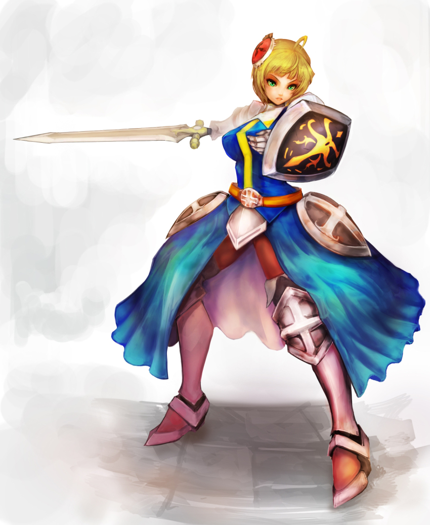 1girl ahoge armor armored_dress bad_id bad_pixiv_id blonde_hair dress female_focus grand_knights_history green_eyes highres knight shield short_hair solo sword valkyrie weapon yaoya_musuko