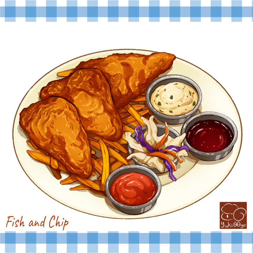 artist_logo fish_(food) fish_and_chips food food_focus food_name french_fries fried_fish highres ketchup logo no_humans original plate sauce tartar_sauce yuki00yo
