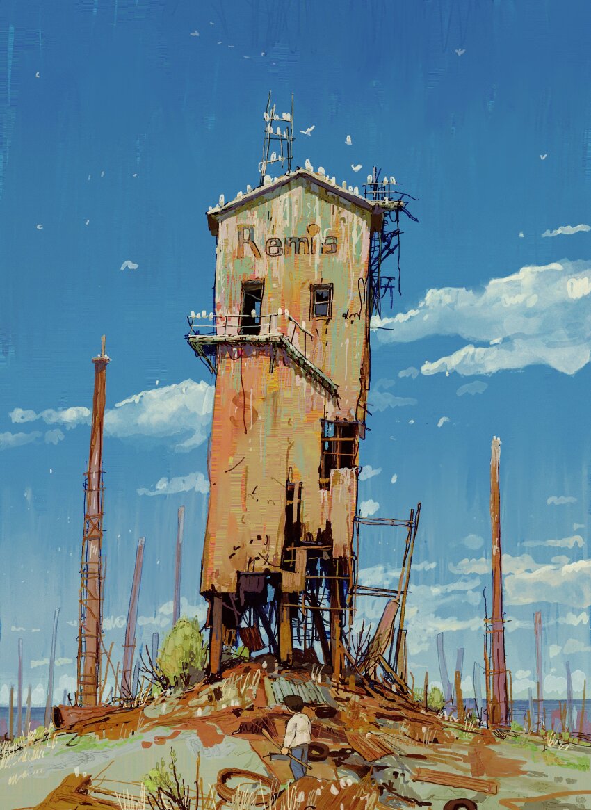 1boy abandoned absurdres alariko animal bird blue_sky cloud cloudy_sky day highres horizon original platform railing ruins scenery sky solo tower