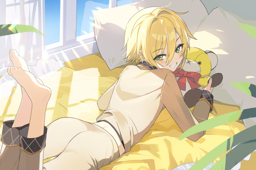 1boy ass barefoot bed_sheet blonde_hair blue_sky day fuubuu green_eyes grin hair_between_eyes indoors long_sleeves looking_at_viewer lying male_focus nijisanji on_bed on_stomach pajamas pants pillow plant short_hair sky sleeves_past_wrists smile solo stuffed_animal stuffed_toy teddy_bear the_pose uzuki_kou virtual_youtuber window