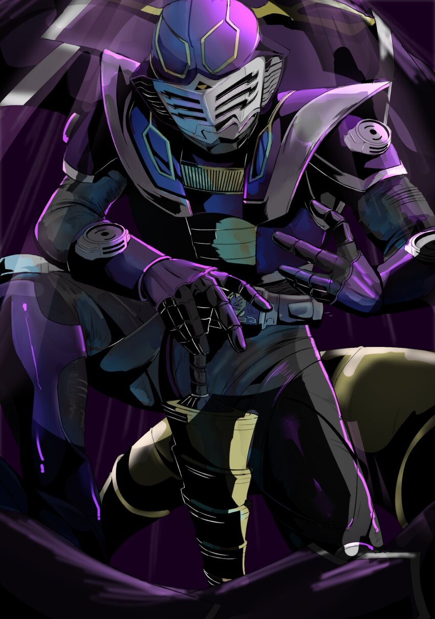 1boy advent_deck armor belt black_gloves bodysuit cobra_(animal) contract_monster gloves helmet highres holding kamen_rider kamen_rider_ouja kamen_rider_ryuki_(series) kneeling male_focus mask mecha_pilot_suit plugsuit_(evangelion) purple_armor sahimi777 solo solo_focus spread_legs sword tokusatsu v_buckle venosaber venosnaker weapon