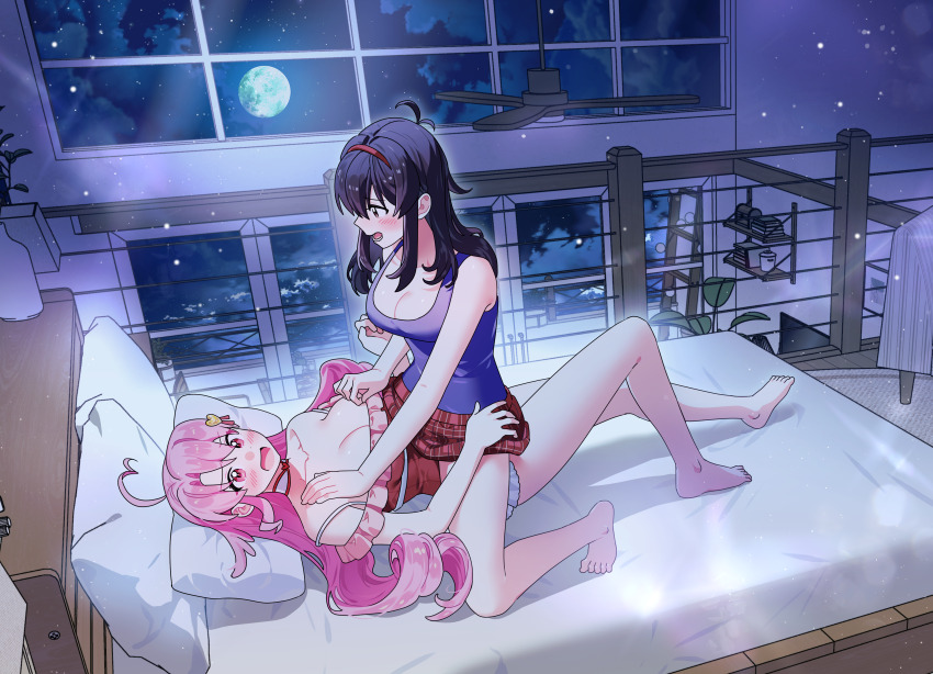 absurdres ahoge antenna_hair barefoot bedroom black_hair blush commission commissioner_upload curtained_hair dotoram embarrassed hair_ornament hairband hairpin hand_on_another&#039;s_thigh highres lilim_(sakura_cupid) mitsuki_(sakura_cupid) moon night non-web_source on_bed on_person pink_eyes pink_hair plaid_clothes plaid_skirt red_hairband sakura_cupid sitting sitting_on_person skirt yuri