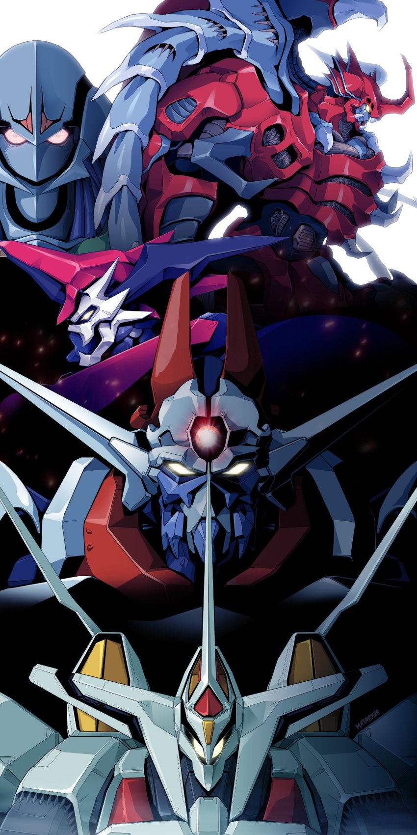absurdres crossover daimaju_gekitou:_hagane_no_oni dangaioh_hyper_combat_unit dangaiou glowing glowing_eye glowing_eyes great_dangaioh great_dangaioh_(mecha) hades_project_zeorymer hagane_(daimaju_gekitou:_hagane_no_oni) highres iczer_(series) iczer_robo looking_ahead looking_at_viewer looking_down matayoshi_(nopple_1000) mecha multiple_crossover no_humans pink_eyes robot science_fiction super_robot tatakae!!_iczer-1 yellow_eyes zeorymer