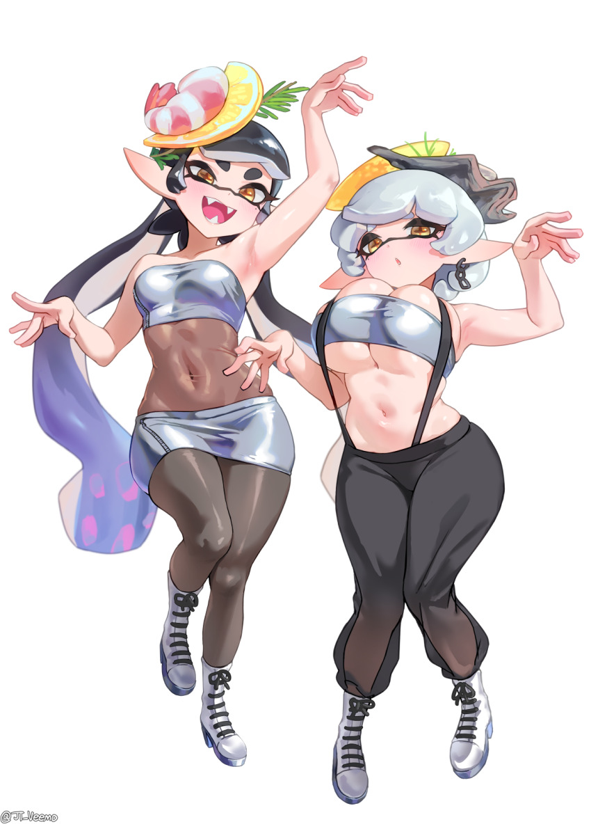 2girls arm_up black_hair black_pants black_pantyhose breasts callie_(splatoon) callie_(summer_nights)_(splatoon) cleavage domino_mask food fruit full_body highres inkling jtveemo large_breasts lemon lemon_slice long_hair looking_at_viewer marie_(splatoon) marie_(summer_nights)_(splatoon) mask midriff multiple_girls navel nintendo official_alternate_costume official_alternate_hairstyle open_mouth pants pantyhose pointy_ears shrimp simple_background splatoon_(series) splatoon_3 star-shaped_pupils star_(symbol) suspenders symbol-shaped_pupils tentacle_hair white_background yellow_eyes