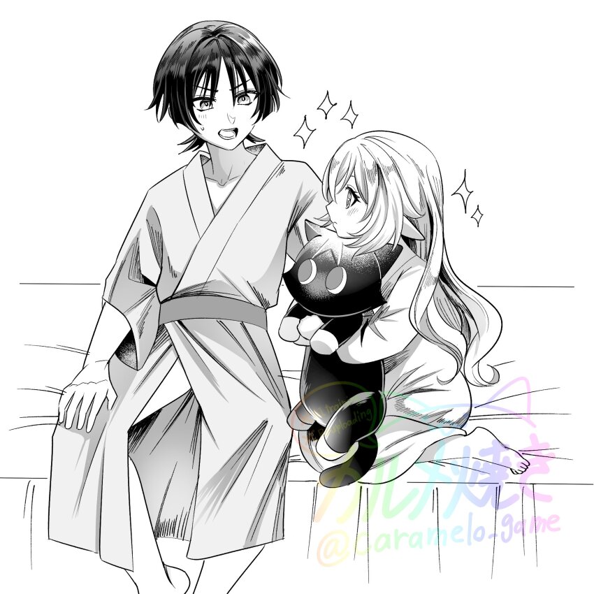1boy 1girl alternate_costume alternate_hairstyle animalization barefoot blunt_ends blush caramelo_game closed_mouth collarbone cross-shaped_pupils eyelashes genshin_impact greyscale hair_down hand_on_own_thigh highres holding holding_stuffed_toy indoors japanese_clothes kimono light_blush long_hair long_sleeves looking_at_another monochrome nahida_(genshin_impact) on_bed open_mouth person_and_animalization pointy_ears scaramouche_(cat)_(genshin_impact) scaramouche_(genshin_impact) seiza sitting stuffed_animal stuffed_toy sweatdrop symbol-shaped_pupils tareme teeth three-quarter_sleeves toes tsurime twitter_username v-shaped_eyebrows watermark white_background wispy_bangs