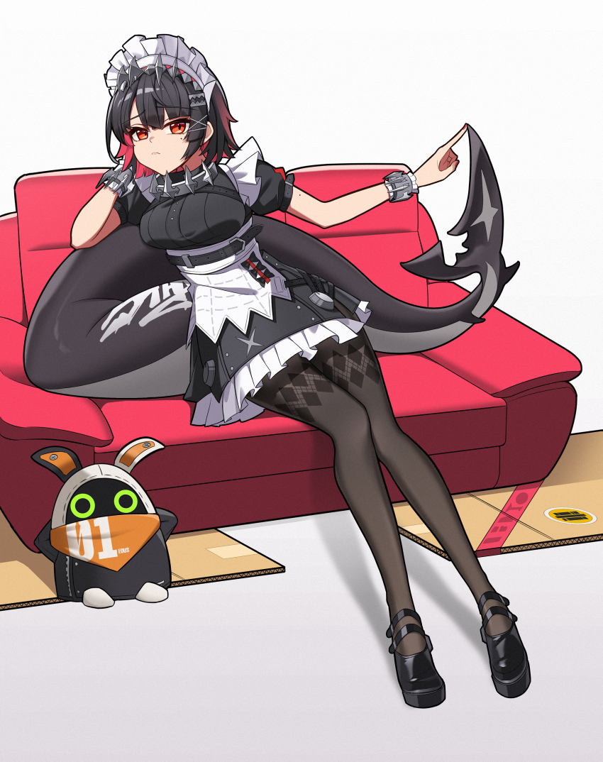 1girl absurdres bangboo_(zenless_zone_zero) black_hair black_pantyhose black_shoes closed_mouth commentary couch ellen_joe eous_(zenless_zone_zero) fins fish_tail highres looking_at_viewer maid maid_headdress multicolored_hair on_couch pantyhose red_eyes red_hair shark_girl shark_tail shoes short_hair sitting solo tail two-tone_hair yeong_r6 zenless_zone_zero