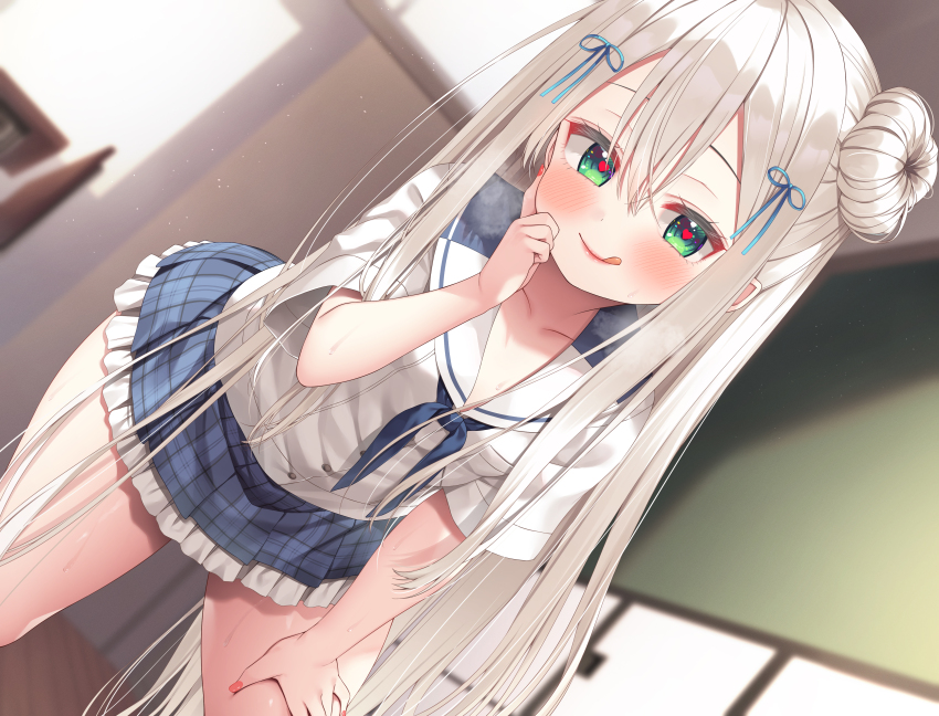 1girl :p absurdres asa_no_ha_(awayuki) blue_skirt blush chalkboard classroom closed_mouth collarbone dutch_angle green_eyes hair_between_eyes hair_bun hair_ribbon heart heart-shaped_pupils highres indoors leaning_forward long_hair looking_at_viewer nail_polish original pleated_skirt red_nails ribbon sailor_collar school_uniform shirt short_sleeves sidelocks skirt smile solo standing symbol-shaped_pupils tongue tongue_out very_long_hair white_hair white_sailor_collar white_shirt