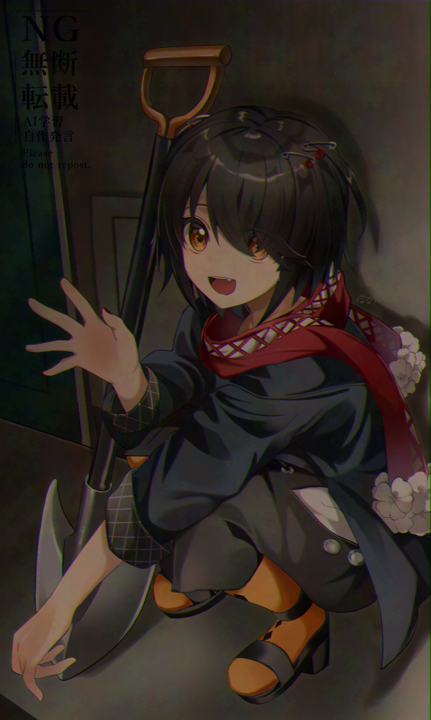 1boy black_coat black_hair coat fang grey_pants hair_ornament hairclip highres inana looking_at_viewer male_focus mashiro_meme mashiro_meme_(1st_costume) nijisanji open_mouth orange_socks pants red_scarf sandals scarf shovel socks solo squatting teeth upper_teeth_only virtual_youtuber watermark yellow_eyes