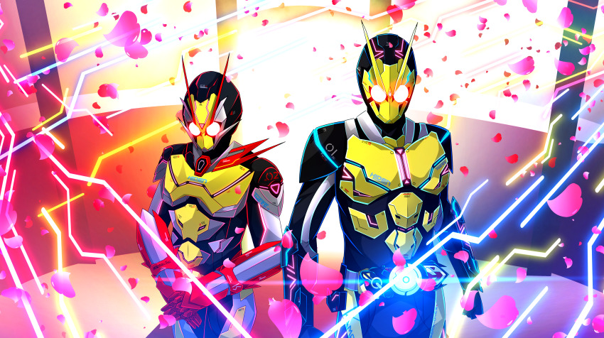 1boy 1girl absurdres antennae armor bodysuit commentary_request glowing glowing_eyes helmet hiden_aruto highres is_(kamen_rider_01) kal_(kaerutoyomu) kamen_rider kamen_rider_01_(series) kamen_rider_zero-one kamen_rider_zero-two own_hands_together petals rider_belt rose_petals standing tokusatsu upper_body