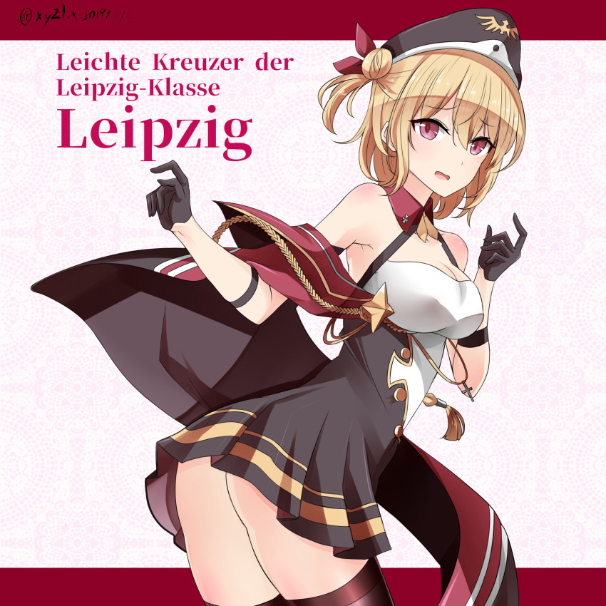 1girl alpha_signature azur_lane bare_shoulders black_gloves black_thighhighs blonde_hair breasts butt_crack female_focus gloves hair_bun hat hebitsukai-san highres leipzig_(azur_lane) leipzig_(retrofit)_(azur_lane) looking_at_viewer medium_breasts military military_uniform open_mouth red_eyes short_hair single_hair_bun solo thighhighs