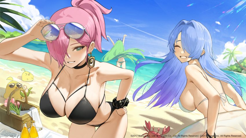 3girls adjusting_eyewear alternate_costume azur_lane bare_shoulders beach beach_mat bikini bird black_bikini black_choker black_scrunchie blue_hair blue_sky bottle breasts chick choker cleavage closed_eyes cloud collarbone commentary_request cowboy_shot crab day drinking earrings eyewear_on_head floating_hair green_eyes green_hair grin hair_intakes hair_over_one_eye hand_on_own_hip highres jewelry large_breasts leaning_forward littorio_(azur_lane) long_hair looking_at_viewer manjuu_(azur_lane) midriff mole multiple_girls ocean official_art outdoors parted_lips picnic_basket pink_hair ponytail romana scrunchie shadow sidelocks sky smile standing sunglasses swimsuit teeth trento_(azur_lane) trieste_(azur_lane) white_bikini wrist_scrunchie