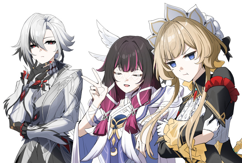 &gt;:( 3girls :d :t absurdres arlecchino_(genshin_impact) asiri_senpai black_hair brooch closed_eyes columbina_(genshin_impact) commission commissioner_upload crossed_arms dress empty_eyes frilled_sleeves frills genshin_impact gloves grey_jacket hair_ornament hand_on_own_chin hand_up highres jacket jewelry long_sleeves looking_at_another looking_at_viewer multicolored_hair multiple_girls nail_polish open_mouth purple_hair red_nails ribbon sandrone_(genshin_impact) sidelocks simple_background smile streaked_hair upper_body v v-shaped_eyebrows white_background white_dress white_gloves white_hair white_ribbon wing_hair_ornament wrist_ribbon