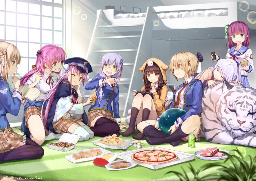 6+girls :t aikawa_megumi angel_beats! animal animal_ear_hood animal_ears animal_hug animal_on_head anniversary aqua_eyes arm_support asakura_karen_(heaven_burns_red) black_pantyhose black_socks black_thighhighs blonde_hair blue_jacket blue_sailor_collar blush bow braid brand_name_imitation bread brown_skirt byakko_(heaven_burns_red) cat cat_ears cat_on_head cat_tail chips_(food) closed_eyes clothes_around_waist collared_shirt commentary_request day eating eyes_visible_through_hair fake_animal_ears fake_tail food foot_up french_braid glasses green_bow green_eyes grey_hair hair_bow hair_ornament hair_over_one_eye hairclip hand_up handheld_game_console happy heaven_burns_red highres holding holding_food holding_handheld_game_console hood hood_up hoodie hot_dog hug hug_from_behind indian_style indoors izumi_yuki_(heaven_burns_red) jacket kayamori_ruka kneehighs kneeling knees_up kunimi_tama light_rays long_hair long_sleeves looking_at_another low-tied_long_hair margherita_pizza meat medium_hair melon_bread miniskirt monster_energy multiple_girls nakamura_yuri neck_ribbon neckerchief necktie no_shoes on_head one_eye_closed open_mouth orange_hoodie pantyhose party pink_eyes pink_hair pink_neckerchief pizza plaid_clothes plaid_skirt pleated_skirt potato_chips profile purple_hair red_necktie red_ribbon ribbon round_eyewear sailor_collar school_uniform shinda_sekai_sensen_uniform shirt short_hair sitting skirt socks standing striped_clothes striped_pantyhose sunbeam sunlight surprised tail tail_raised taka.yana takoyaki tenshi_(angel_beats!) thighhighs thinking tiger toujou_tsukasa v-shaped_eyebrows vertical-striped_clothes vertical-striped_pantyhose very_long_hair wariza wavy_mouth white_hair white_shirt white_thighhighs wide_shot window yokozuwari zettai_ryouiki