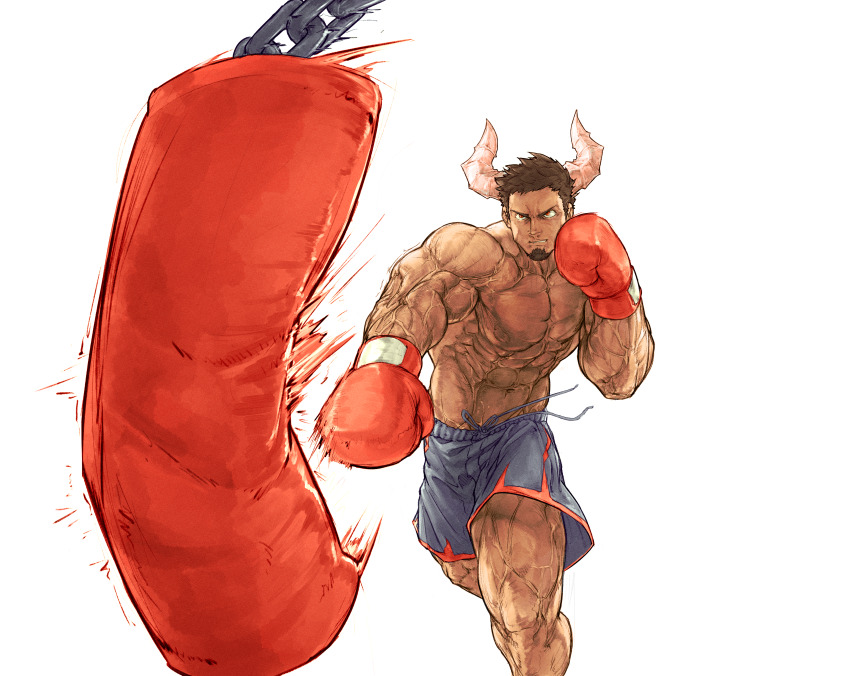 1boy abs absurdres atlas_vos boxer boxing_gloves brown_hair clenched_teeth commission cow_horns facial_hair goatee grey_shorts highres horns indie_virtual_youtuber male_focus muscular muscular_male nishimura_kinu_(style) pectorals pink_shirt punching punching_bag red_eyes shirt shorts teeth v-shaped_eyebrows veins veiny_arms veiny_thighs virtual_youtuber white_background zero_setsu