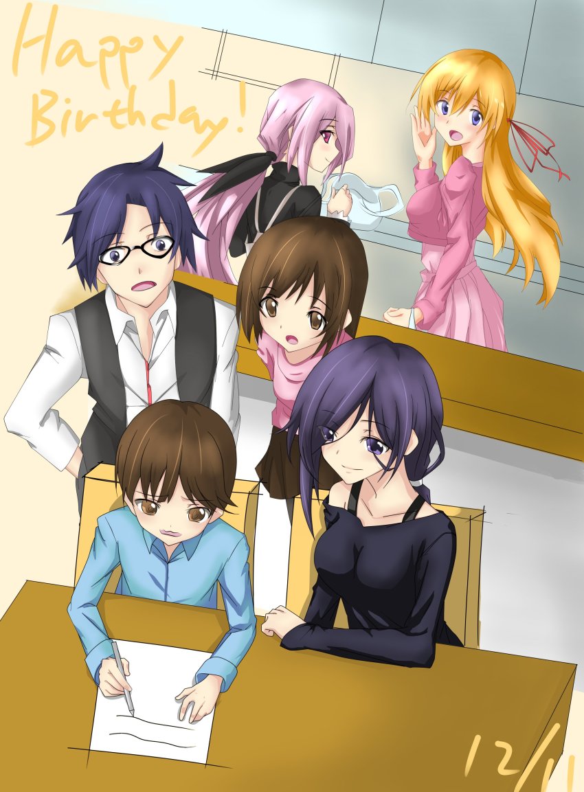 2boys 4girls absurdres aqua_shirt blonde_hair blouse chaos;child collared_shirt eyes_visible_through_hair hair_over_one_eye highres indoors kunosato_mio kurusu_nono long_hair low_ponytail ludger_well minamisawa_senri miyashiro_takuru multiple_boys multiple_girls pencil pink_hair ponytail purple_hair shirt sitting smile tachibana_yui_(chaos;child) tachibana_yuuto very_long_hair white_shirt