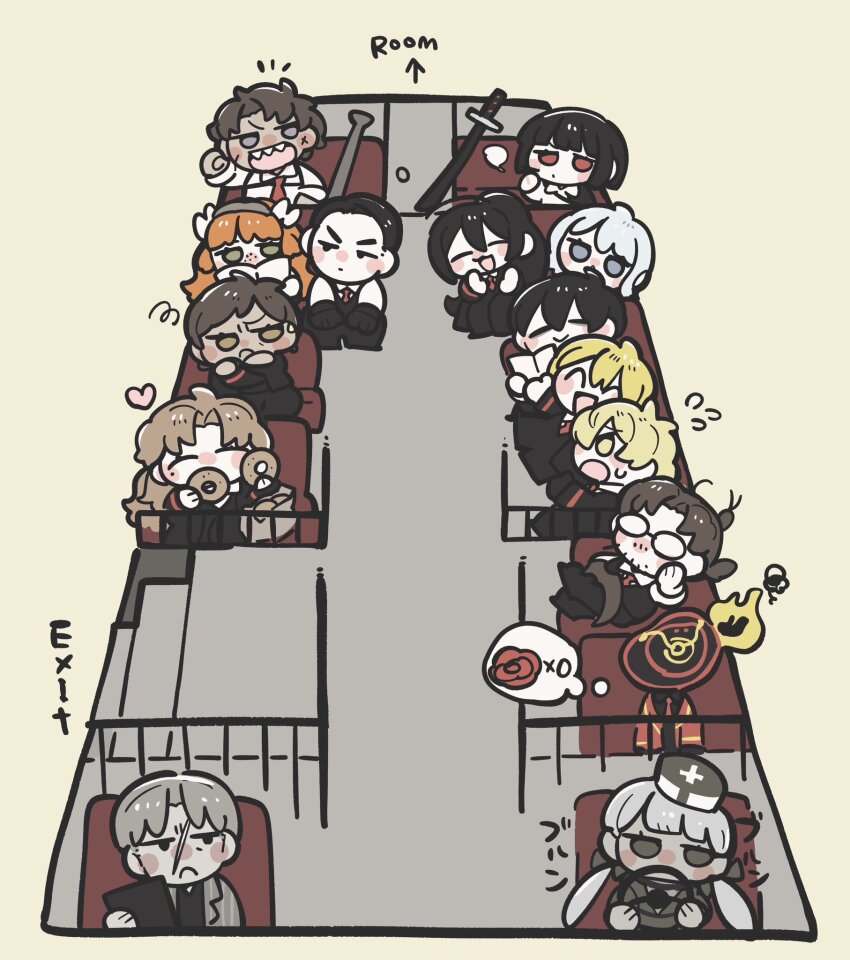 1other 6+boys 6+girls :d angry animal animal_on_head annoyed baseball_bat black_hair black_jacket black_pants blonde_hair book brown_hair bug charon_(project_moon) chibi clapping clock closed_eyes closed_mouth cockroach crossed_arms crossed_legs dante_(limbus_company) dark-skinned_female dark-skinned_male dark_skin don_quixote_(project_moon) dot_mouth donut expressionless faust_(project_moon) flaming_head food formal_clothes freckles gregor_(project_moon) grey_hair happy heart heathcliff_(project_moon) highres holding holding_book hong_lu_(project_moon) insect insect_on_head ishmael_(project_moon) jacket kojocho05 limbus_company looking_at_another lunacy_(limbus_company) lying mephistopheles_(project_moon) meursault_(project_moon) multiple_boys multiple_girls necktie object_head on_head open_mouth orange_hair outis_(project_moon) pants project_moon raised_fist reading red_necktie rodion_(project_moon) ryoshu_(project_moon) scar scar_on_face sharp_teeth sheath sheathed short_hair sinclair_(project_moon) sitting smile smoking suit sweat sword teeth twintails vergilius_(project_moon) weapon white_hair yi_sang_(project_moon)