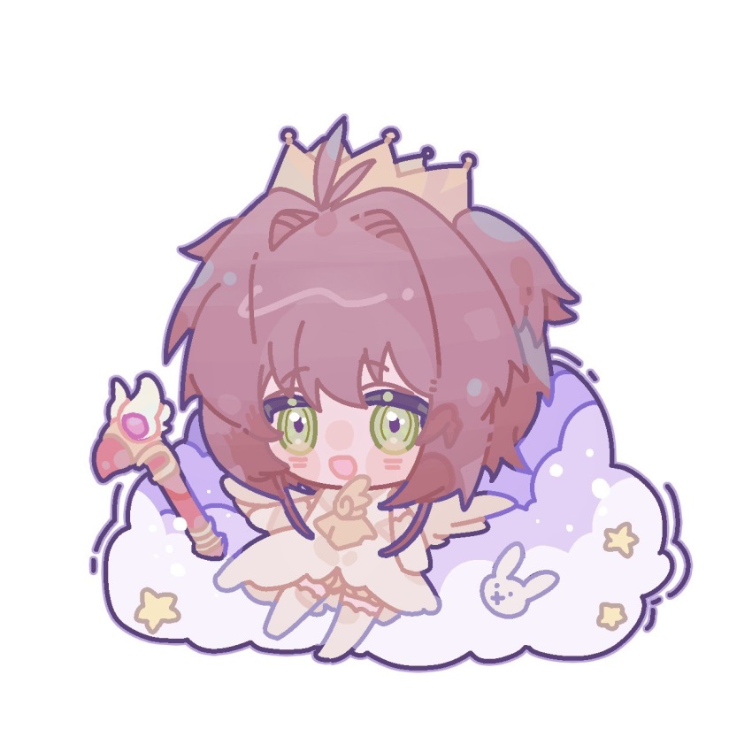 1girl angel_wings antenna_hair ascot blush_stickers brown_hair cangshu_cao cardcaptor_sakura chibi cloud crown dress elbow_gloves full_body gloves green_eyes hair_intakes highres kinomoto_sakura kinomoto_sakura_(miraculous_sakura) magical_girl medium_hair open_mouth rabbit short_dress simple_background sleeveless sleeveless_dress smile solo star_(symbol) thighhighs two_side_up wand white_background white_dress white_thighhighs white_wings wings yellow_ascot yellow_crown