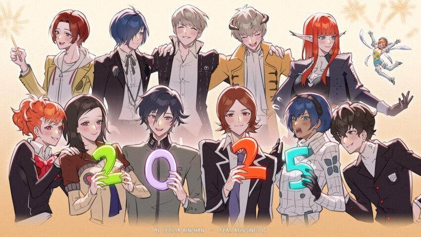 2025 4girls 6+boys amamiya_ren amano_maya atlus black_gloves black_hair black_jacket blue_hair blush bow bowtie brown_hair ceciliarinchan closed_eyes collared_shirt dark-skinned_male dark_skin fairy fairy_wings fireworks flying_sweatdrops gallica_(metaphor:_refantazio) gekkoukan_high_school_uniform gloves hair_between_eyes hair_over_one_eye hairband hands_on_another&#039;s_shoulders heterochromia highres holding holding_fireworks hood hood_down horns hulkenberg_(metaphor:_refantazio) jacket long_hair long_sleeves metaphor:_refantazio multiple_boys multiple_girls narukami_yu necktie new_year open_clothes open_jacket open_mouth orange_hair parted_lips persona persona_1 persona_2 persona_3 persona_3_portable persona_4 persona_5 persona_5:_the_phantom_x pointy_ears protagonist_(metaphor:_refantazio) red_bow red_bowtie red_hair school_uniform seven_sisters_high_school_uniform shiomi_kotone shirt shuujin_academy_school_uniform simple_background smile sparkler st._hermelin_school_uniform strohl_(metaphor:_refantazio) suou_tatsuya toudou_naoya wings wonder_(p5x) yasogami_school_uniform yuuki_makoto_(persona_3)