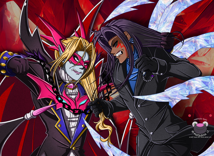 angry blonde_hair digimon digimon_(creature) fighting formal_clothes highres mask original suit vamdemon vamdemon_x-antibody vampire