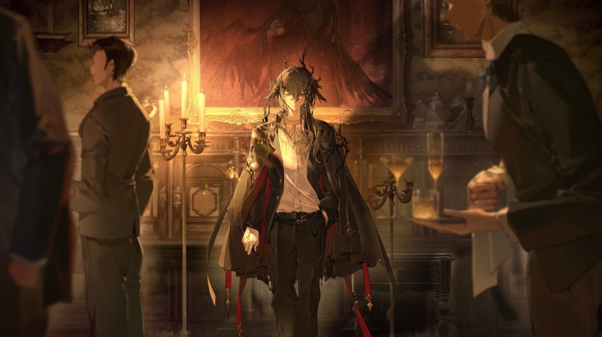 4boys :| alternate_costume arknights arm_at_side belt black_belt black_cape black_jacket black_pants black_suit blurry candelabra candle candlestand cape champagne_flute chinese_commentary closed_mouth cocktail_glass collared_shirt cowboy_shot cup dadijiji demon_horns depth_of_field drinking_glass earrings expressionless feet_out_of_frame formal_clothes grey_hair hair_between_eyes hair_over_shoulder hand_in_pocket head_wings highres holding holding_pen holding_towel holding_tray horns indoors jacket jewelry logos_(arknights) long_hair long_sleeves looking_at_viewer male_focus mole mole_under_eye multiple_boys necklace nib_pen_(object) open_clothes open_collar open_jacket pants pen people picture_frame pointy_ears portrait_(object) red_eyes red_ribbon ribbon ring shadow shirt shirt_tucked_in solo_focus straight-on suit teapot thorns towel tray waiter wallpaper_(object) white_shirt wings